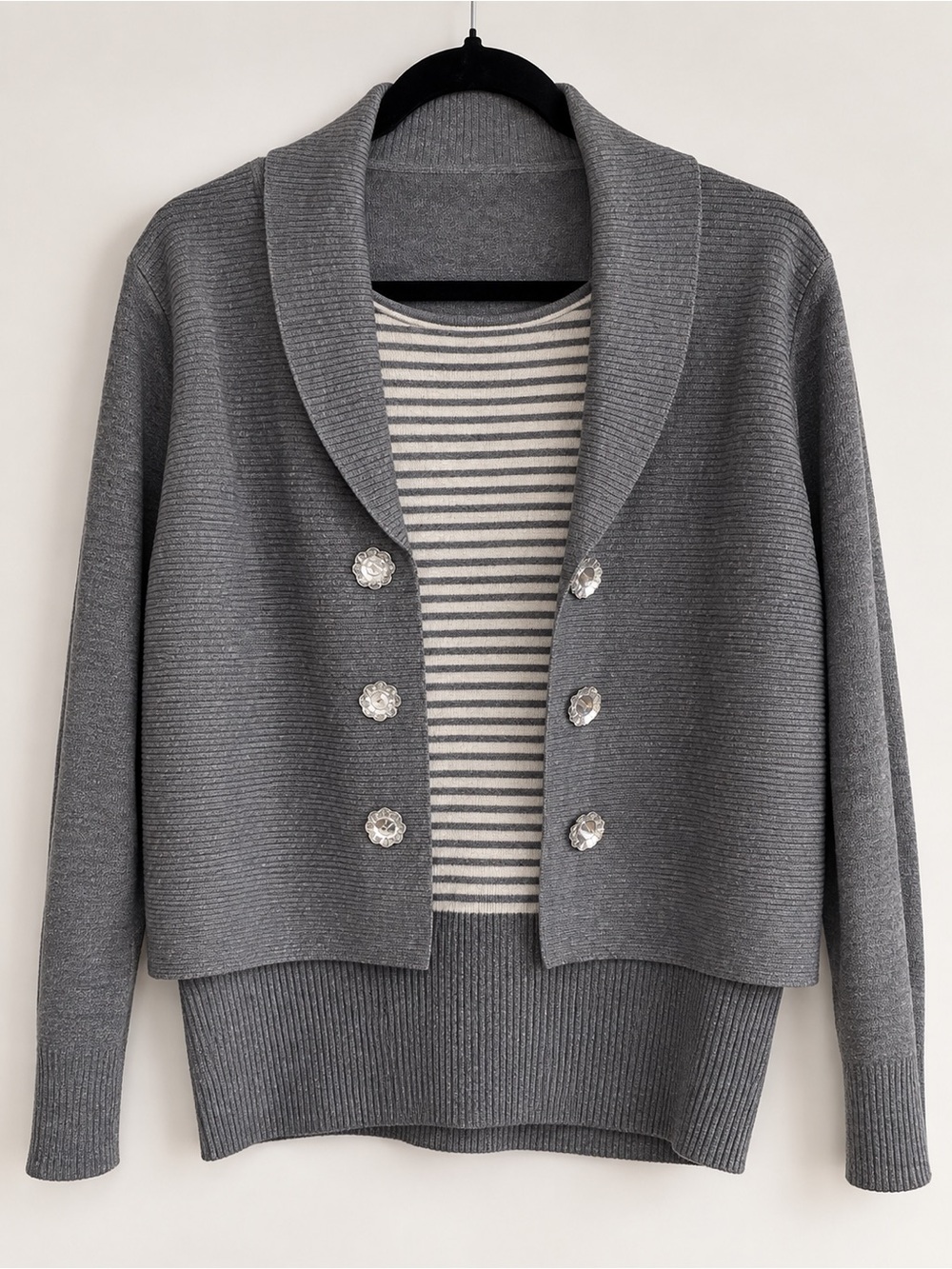 Gray Cashmere Merino Wool Blend Cardigan with Crystal Buttons